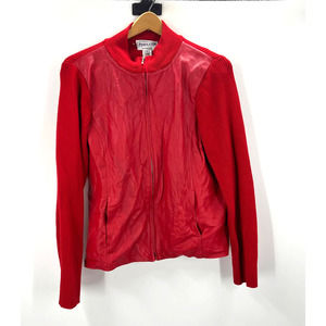 Pendleton Oregon Vintage Wool Leather Sweater Jacket Solid Red Zippered Medium